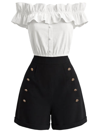 [Prevendita] 2PCS Crop Top Bianco e Nero Anni '50 Bottoni Spalle Scoperte con Volant e Shorts 2