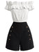 [Prevendita] 2PCS Crop Top Bianco e Nero Anni '50 Bottoni Spalle Scoperte con Volant e Shorts 2