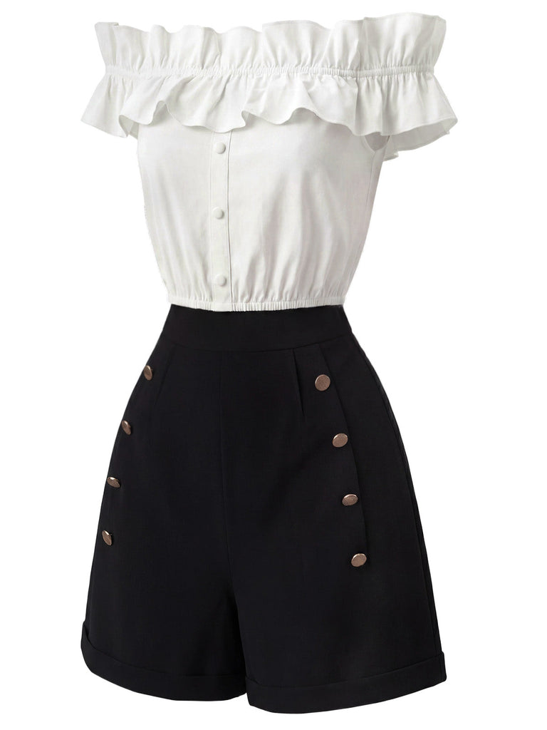 [Prevendita] 2PCS Crop Top Bianco e Nero Anni '50 Bottoni Spalle Scoperte con Volant e Shorts 3