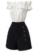 [Prevendita] 2PCS Crop Top Bianco e Nero Anni '50 Bottoni Spalle Scoperte con Volant e Shorts 3