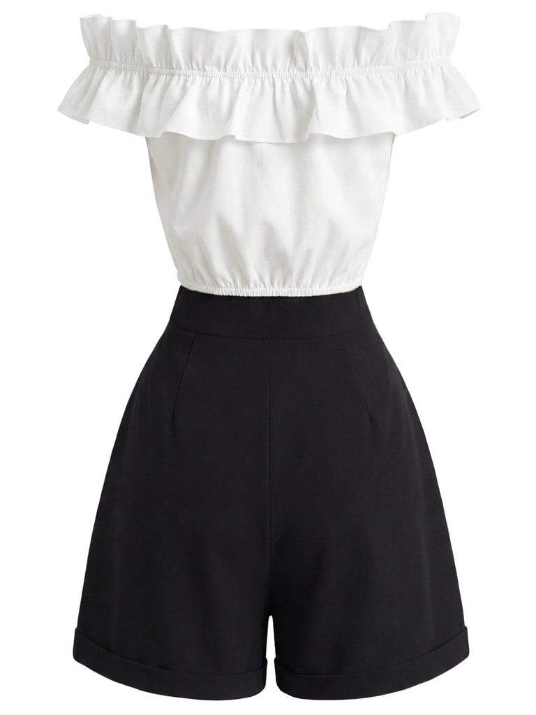 [Prevendita] 2PCS Crop Top Bianco e Nero Anni '50 Bottoni Spalle Scoperte con Volant e Shorts 4