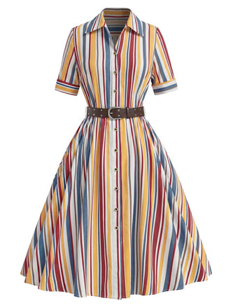 [Prevendita] Abito Colore Crema Anni '30 Vertical a Righe con Bottoni Cintura Camicia 2
