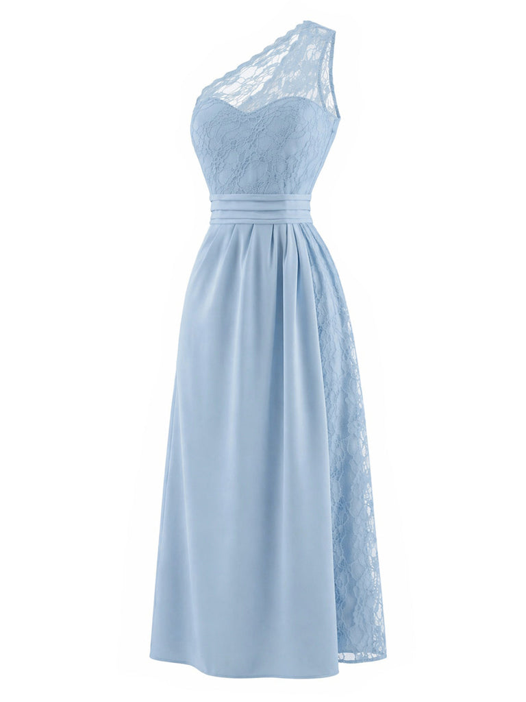 [Prevendita] Abito Azzurro Chiaro Anni '60 Monospalla in Pizzo Arricciato Senza Maniche 3