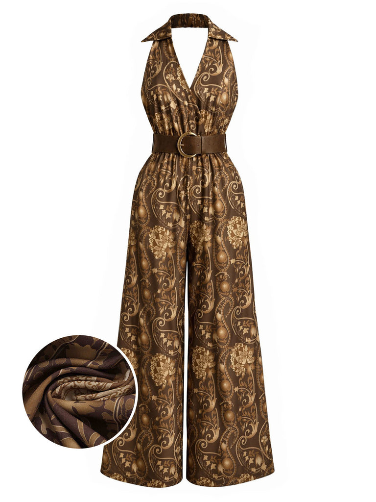 [Prevendita] Tuta Lunga Marrone Scuro Anni '70 Boho Floreale con Scollo all'Americana Scollo a V con Cintura
