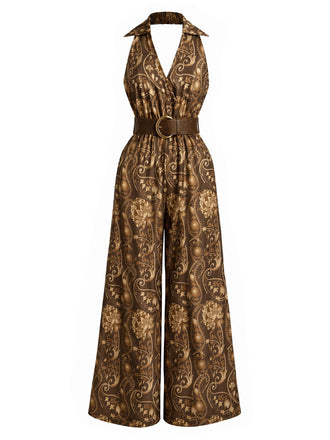 [Prevendita] Tuta Lunga Marrone Scuro Anni '70 Boho Floreale con Scollo all'Americana Scollo a V con Cintura 2