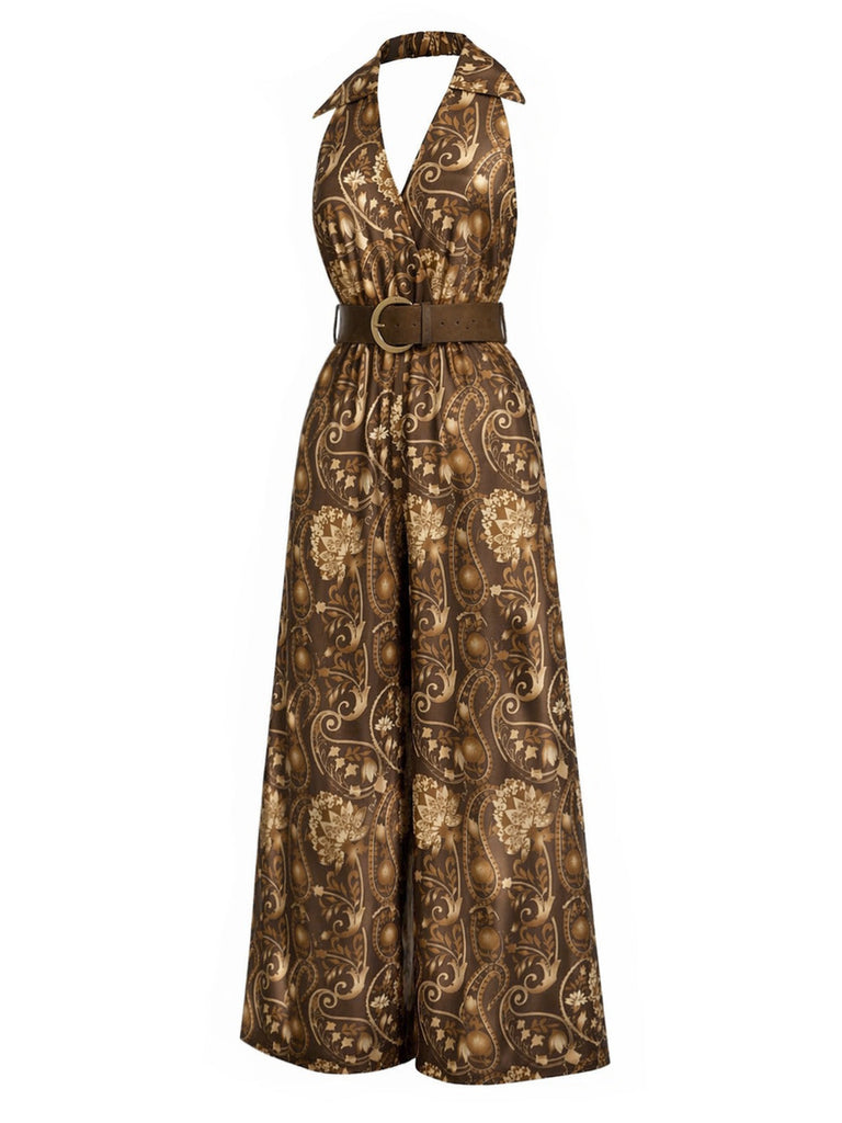 [Prevendita] Tuta Lunga Marrone Scuro Anni '70 Boho Floreale con Scollo all'Americana Scollo a V con Cintura 3