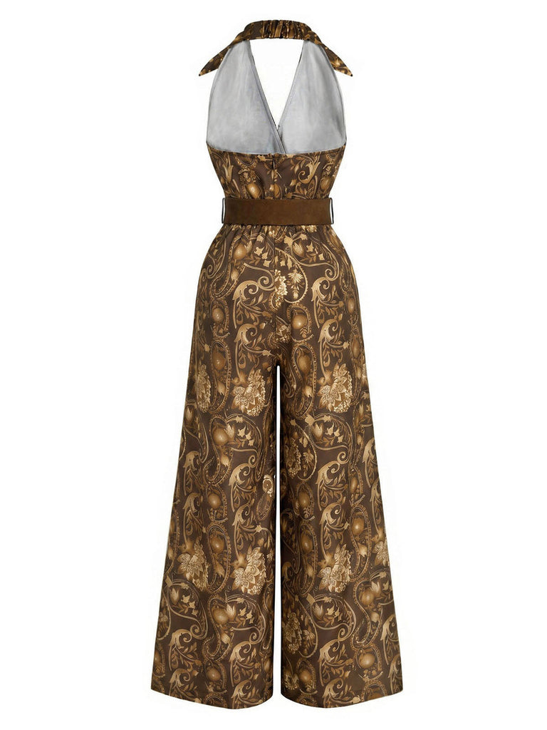 [Prevendita] Tuta Lunga Marrone Scuro Anni '70 Boho Floreale con Scollo all'Americana Scollo a V con Cintura 4