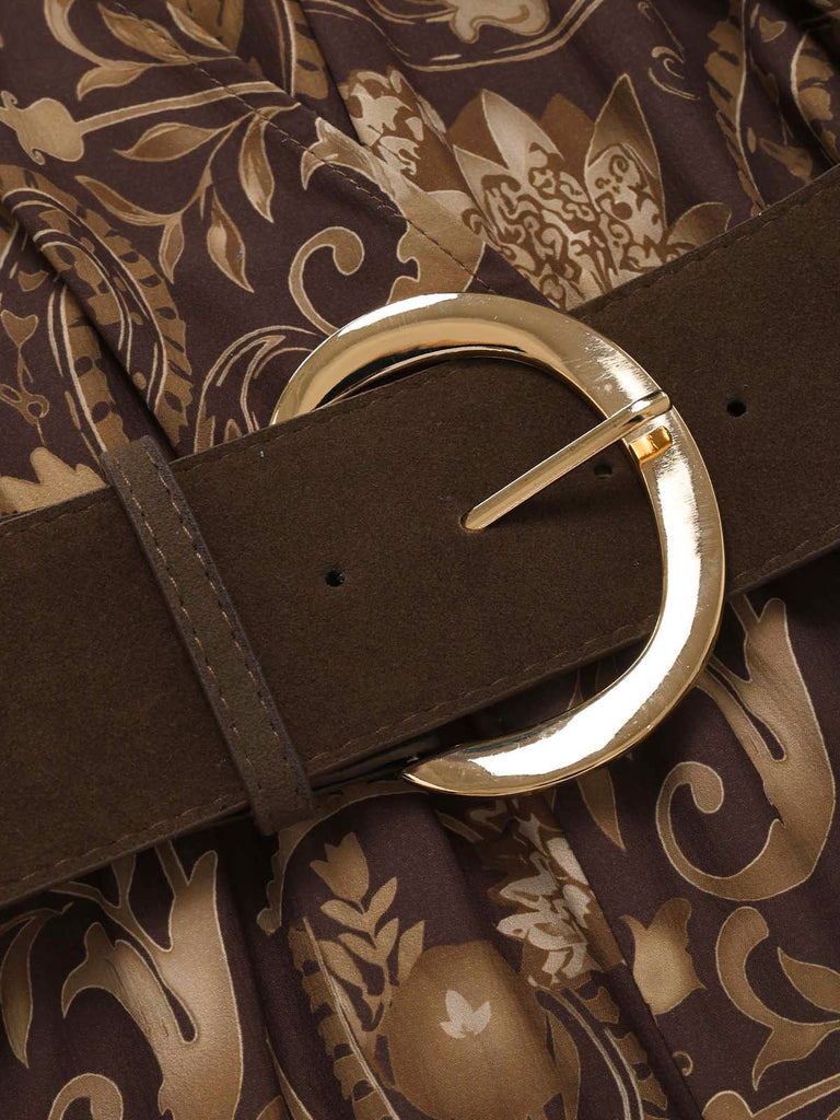 [Prevendita] Tuta Lunga Marrone Scuro Anni '70 Boho Floreale con Scollo all'Americana Scollo a V con Cintura 6