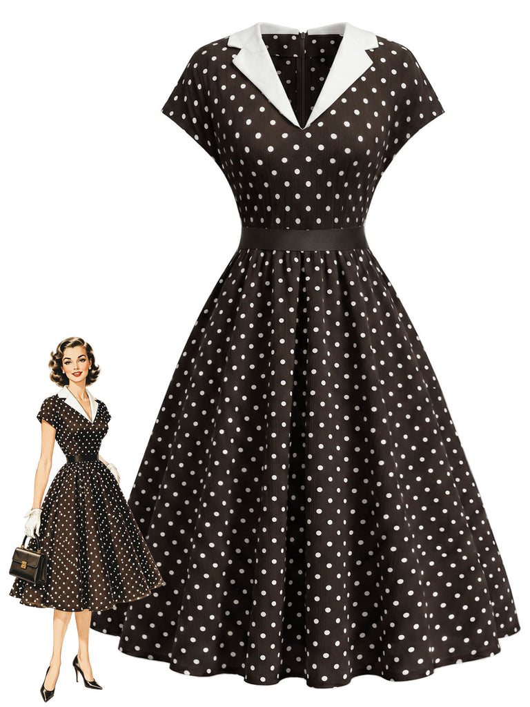 [Prevendita] Abito a Ruota Marrone Anni '50 a Pois Colletto con Revers Cap Sleeve