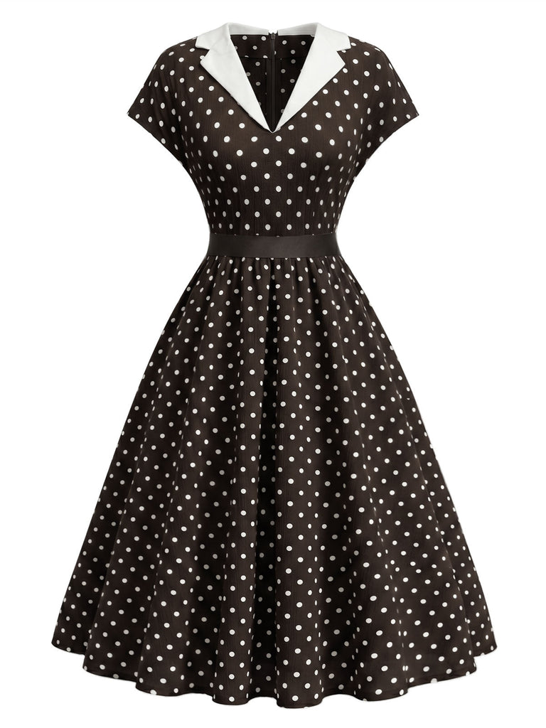 [Prevendita] Abito a Ruota Marrone Anni '50 a Pois Colletto con Revers Cap Sleeve 2