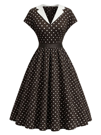 [Prevendita] Abito a Ruota Marrone Anni '50 a Pois Colletto con Revers Cap Sleeve 2