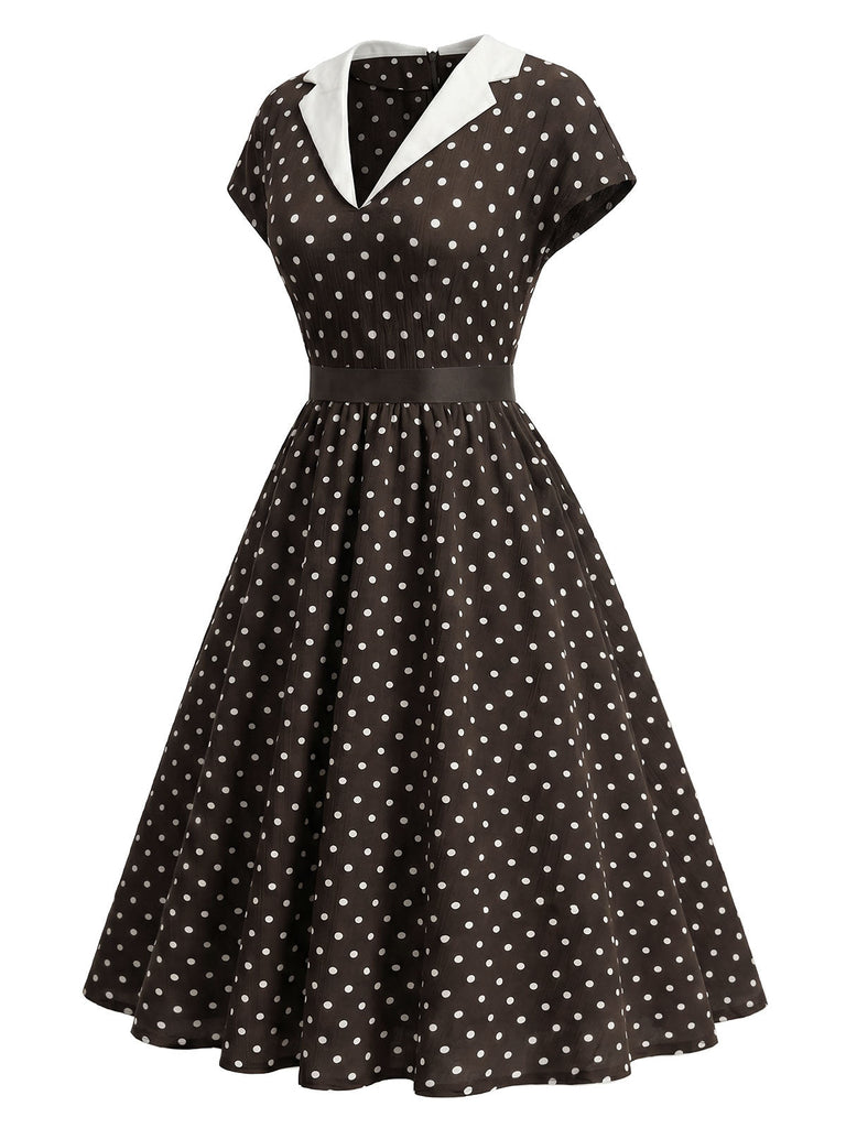 [Prevendita] Abito a Ruota Marrone Anni '50 a Pois Colletto con Revers Cap Sleeve 3