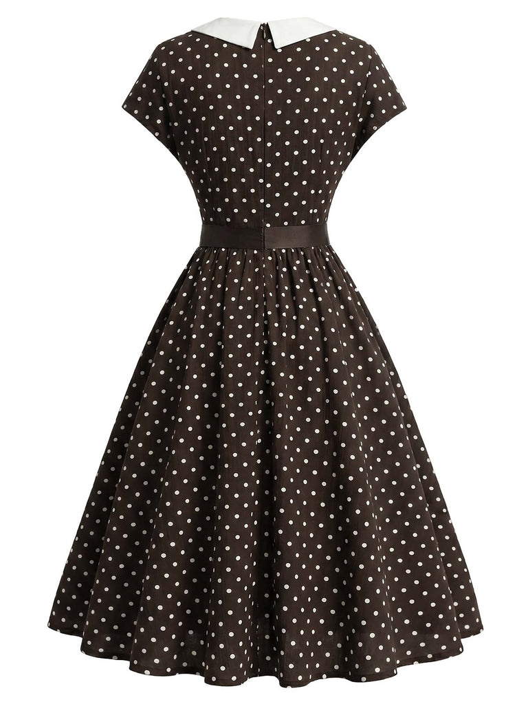 [Prevendita] Abito a Ruota Marrone Anni '50 a Pois Colletto con Revers Cap Sleeve 4