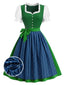 [Prevendita] 2PCS Abito Folk Stile Dirndl Verde e Blu Anni '50 con Maniche a Sbuffo