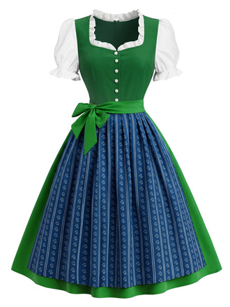 [Prevendita] 2PCS Abito Verde Lago Anni '50 Blu Dirndl Maniche a Sbuffo Folk 2