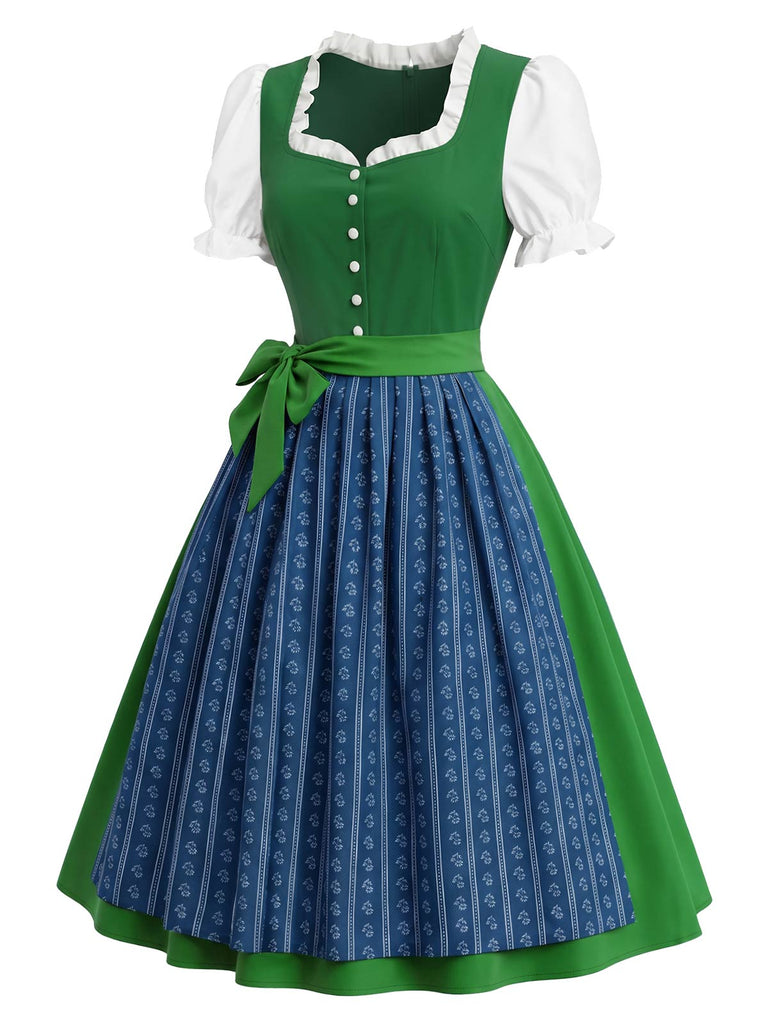 [Prevendita] 2PCS Abito Verde Lago Anni '50 Blu Dirndl Maniche a Sbuffo Folk 4