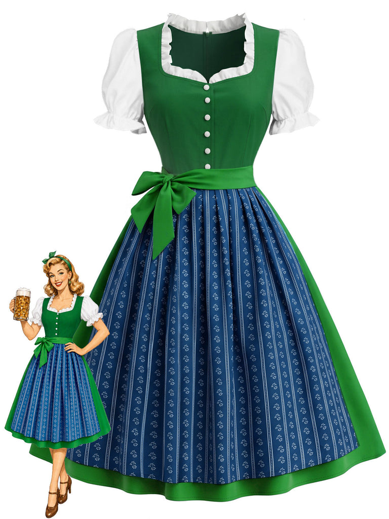 [Prevendita] 2PCS Abito Verde Lago Anni '50 Blu Dirndl Maniche a Sbuffo Folk 9