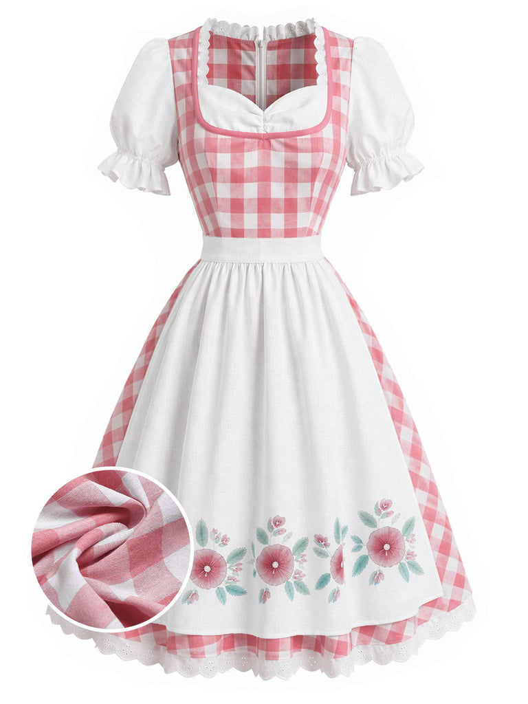 [Prevendita] 2PCS Abito Rosa e Bianco Anni '50 a Quadri Floreale Puff con Grembiule 2