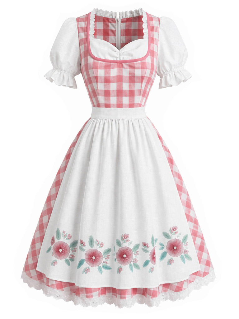 [Prevendita] 2PCS Abito Rosa e Bianco Anni '50 a Quadri Floreale Puff con Grembiule 3