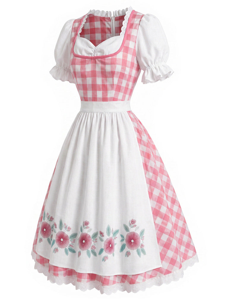 [Prevendita] 2PCS Abito Rosa e Bianco Anni '50 a Quadri Floreale Puff con Grembiule 4