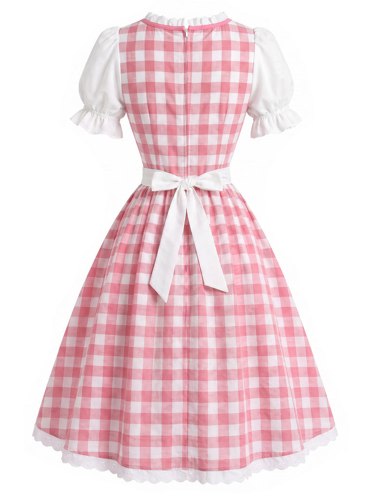 [Prevendita] 2PCS Abito Rosa e Bianco Anni '50 a Quadri Floreale Puff con Grembiule 5