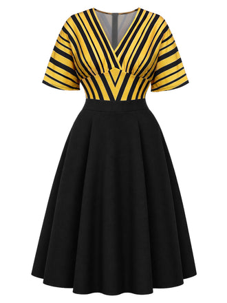 [Prevendita] [Taglia Forti] Abito Nero e Oro Anni '50 a Righe Scollo a V 2