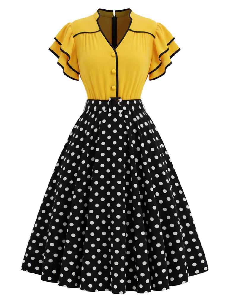 [Prevendita] Abito Giallo e Nero Anni '50 a Pois con Volant Patchwork 2