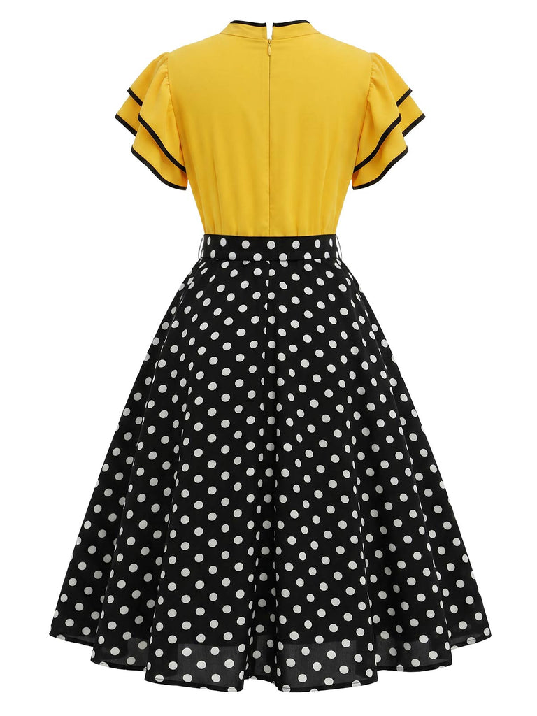 [Prevendita] Abito Giallo e Nero Anni '50 a Pois con Volant Patchwork 4