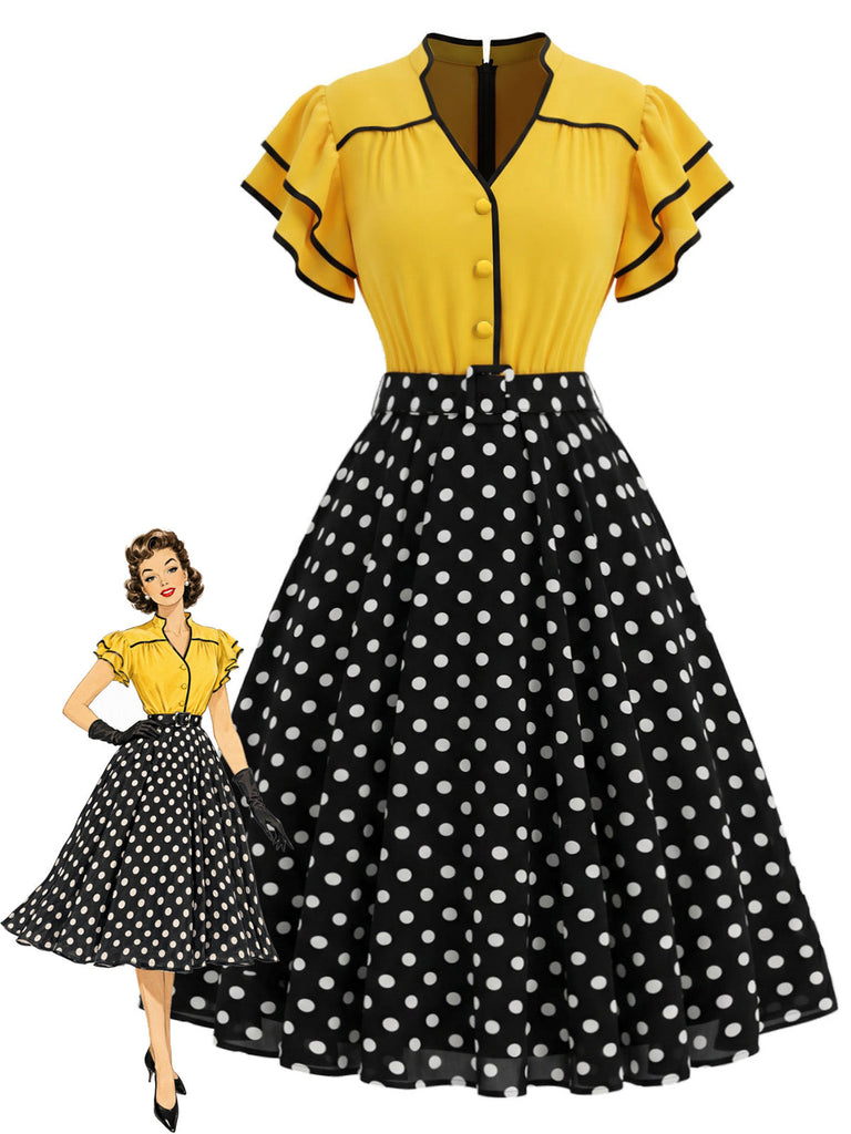 [Prevendita] Abito Giallo e Nero Anni '50 a Pois con Volant Patchwork