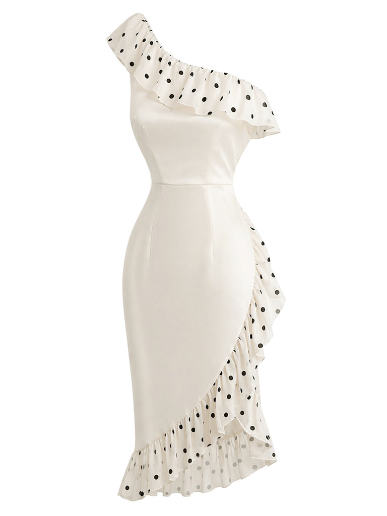 [Prevendita] Abito Crema Anni '60 a Pois con Volant Monospalla Asymmetrical 3