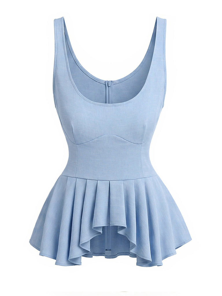 [Prevendita] 2PCS Minigonna Azzurro e Beige Anni '70 Tinta Unita Orlo Plissettato Tank Top e 5