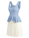 [Prevendita] 2PCS Minigonna Azzurro e Beige Anni '70 Tinta Unita Orlo Plissettato Tank Top e 3