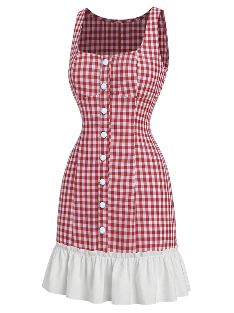 [Prevendita] Miniabito Rosso Anni '60 Vichy Scollo Quadrato con con Volant Hem 3
