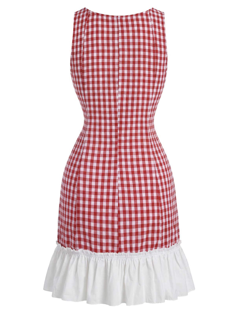 [Prevendita] Miniabito Rosso Anni '60 Vichy Scollo Quadrato con con Volant Hem 4