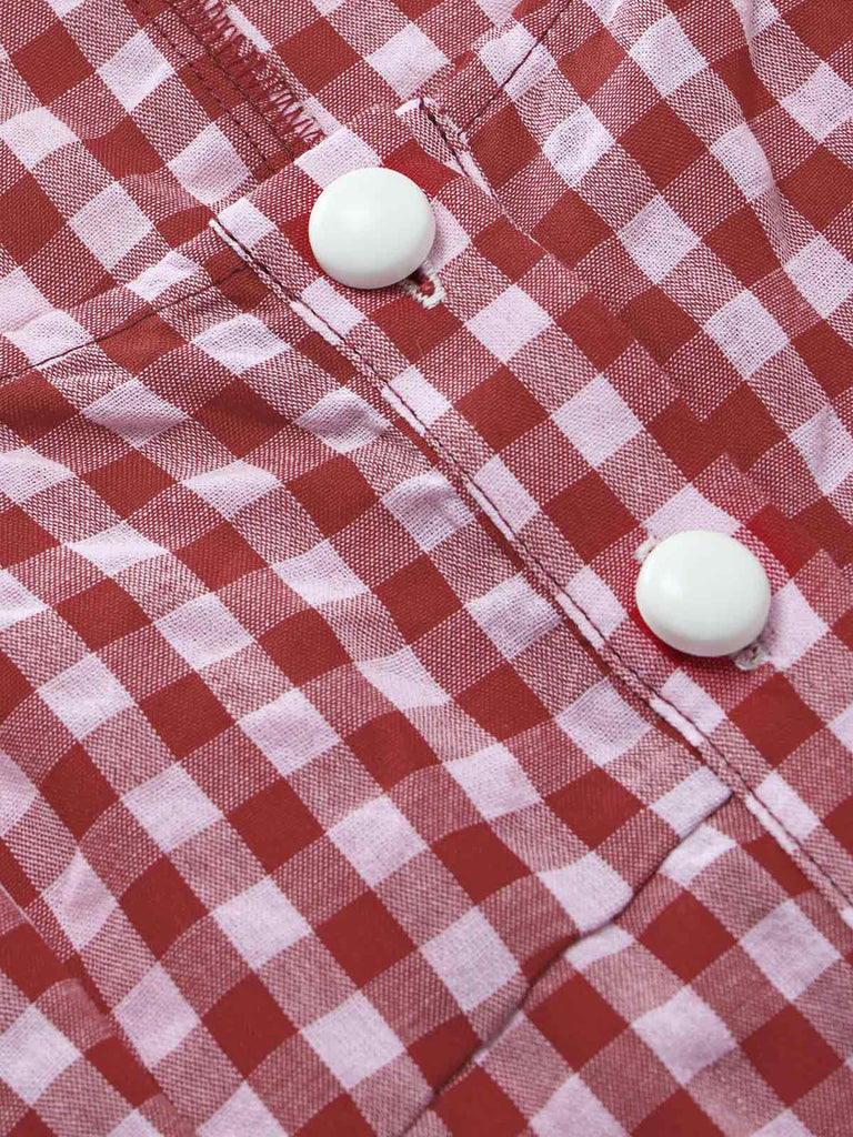 [Prevendita] Miniabito Rosso Anni '60 Vichy Scollo Quadrato con con Volant Hem 6