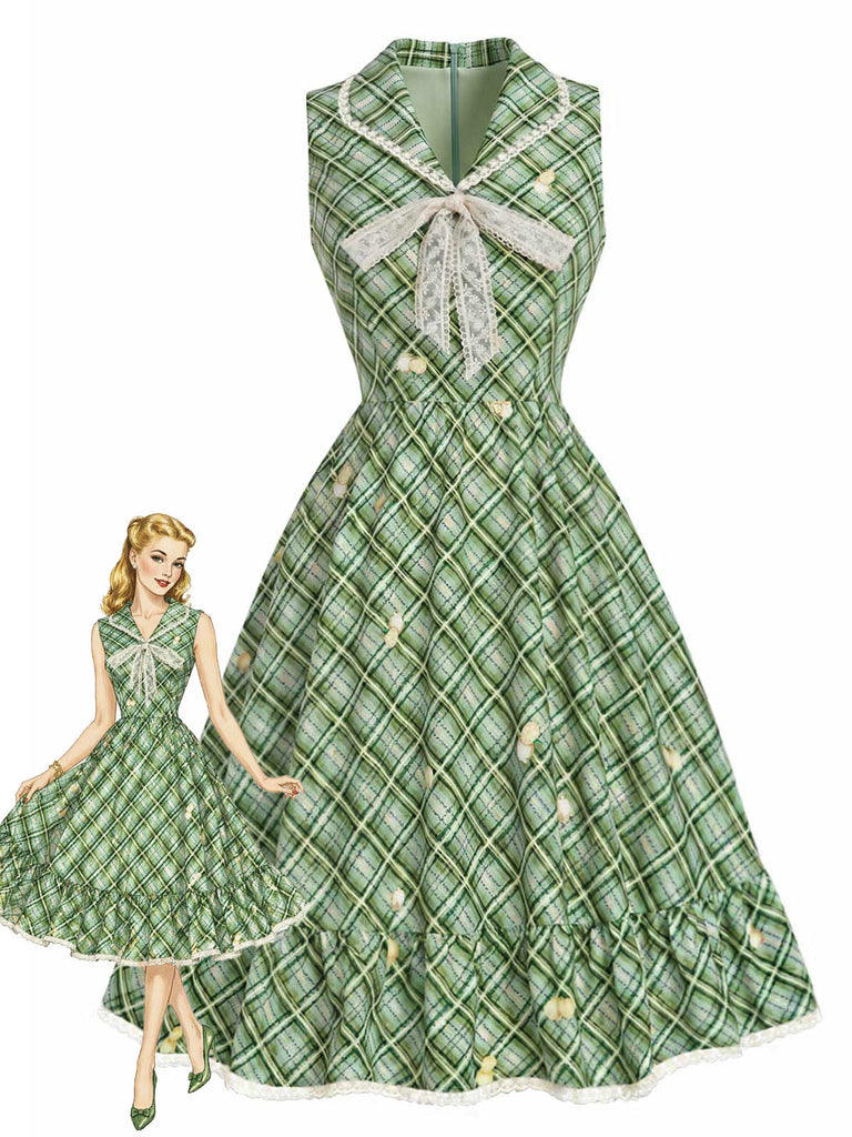 [Prevendita] Abito Svasato Verde a Quadretti Vichy con Bordo in Pizzo Fiocco e Tasche Anni '40