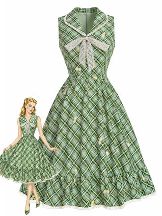 [Prevendita] Abito Svasato Verde a Quadretti Vichy con Bordo in Pizzo Fiocco e Tasche Anni '40