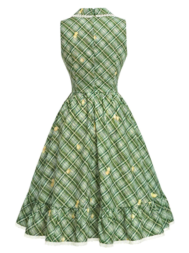 [Prevendita] Abito Svasato Verde a Quadretti Vichy con Bordo in Pizzo Fiocco e Tasche Anni '40 4