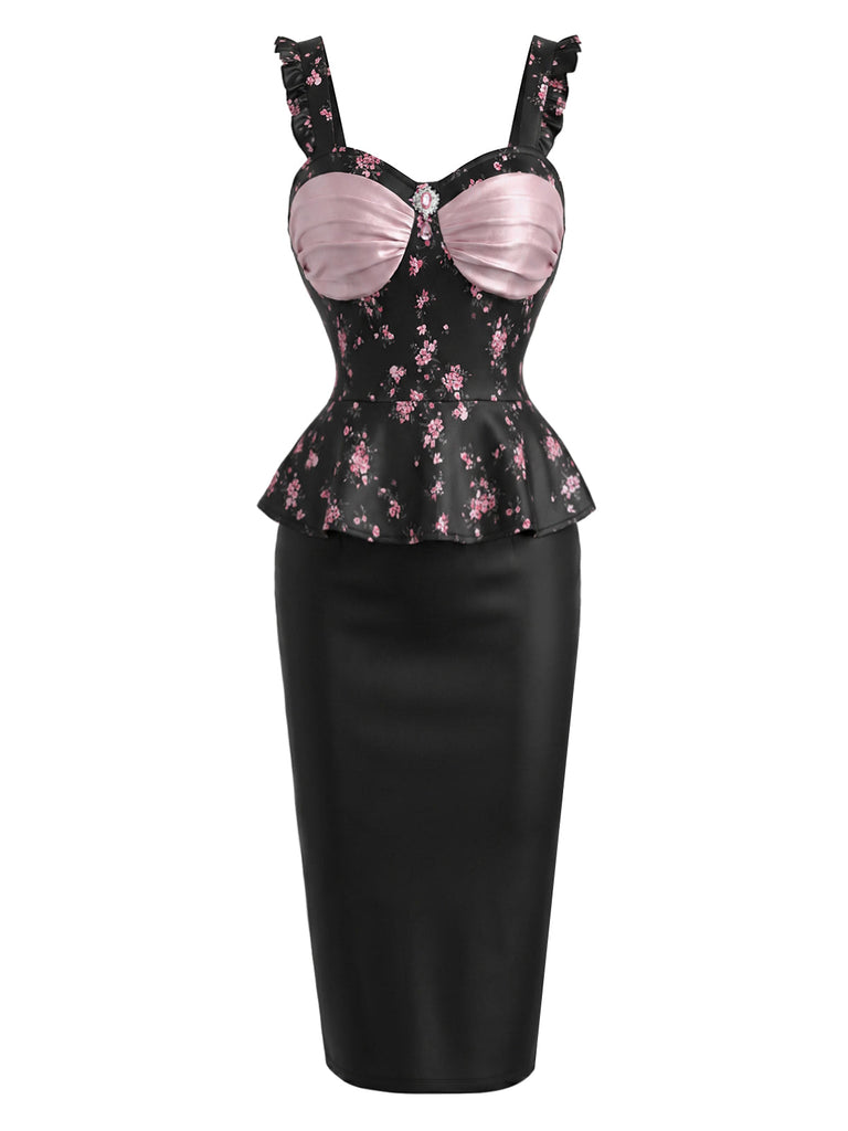 [Prevendita] Abito a Matita Nero e Rosa con Bustier Floreale e Peplum Anni '60 2