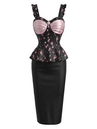 [Prevendita] Abito a Matita Nero e Rosa con Bustier Floreale e Peplum Anni '60 2