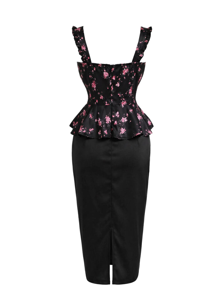 [Prevendita] Abito a Matita Nero e Rosa con Bustier Floreale e Peplum Anni '60 4