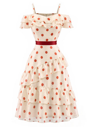 [Prevendita] Abito da Tè Rosso Crema Anni '60 a Pois con Volant a Balze 2