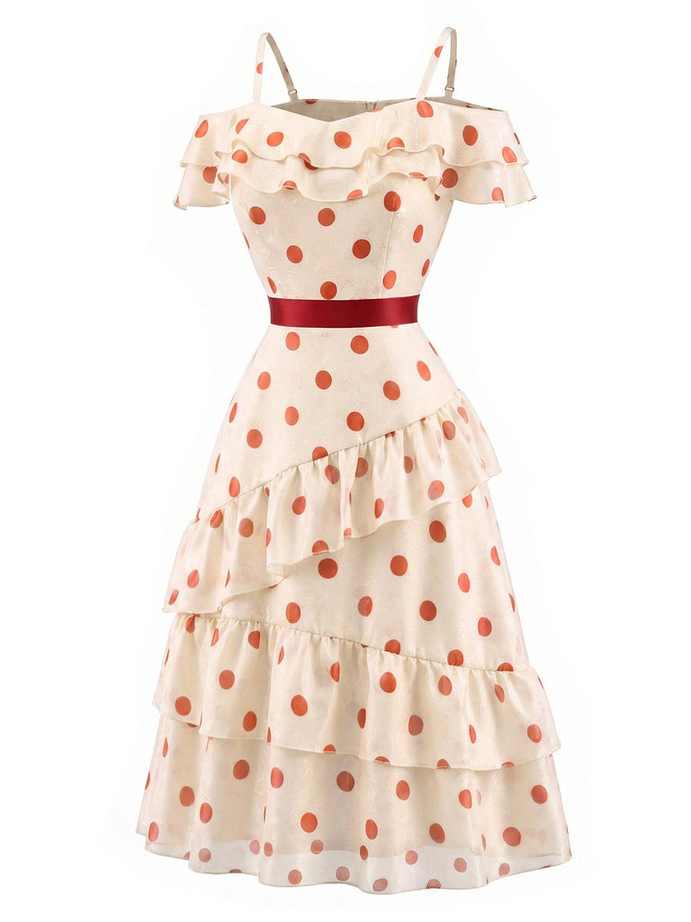 [Prevendita] Abito da Tè Rosso Crema Anni '60 a Pois con Volant a Balze 3