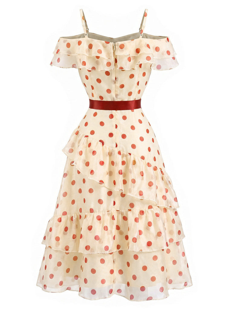 [Prevendita] Abito da Tè Rosso Crema Anni '60 a Pois con Volant a Balze 4