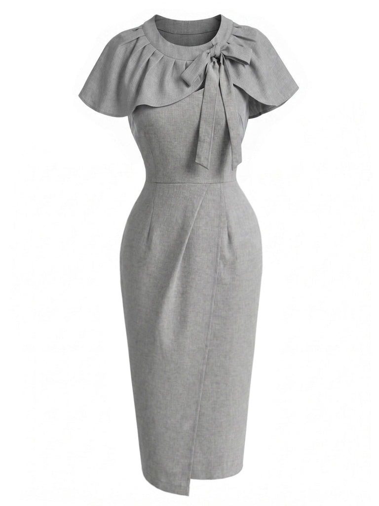 [Prevendita] 2PCS Abito Grigio Chiaro Anni '60 Gray a Vita Alta a Matita e con Fiocco Cape 2