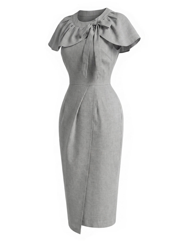 [Prevendita] 2PCS Abito Grigio Chiaro Anni '60 Gray a Vita Alta a Matita e con Fiocco Cape 3