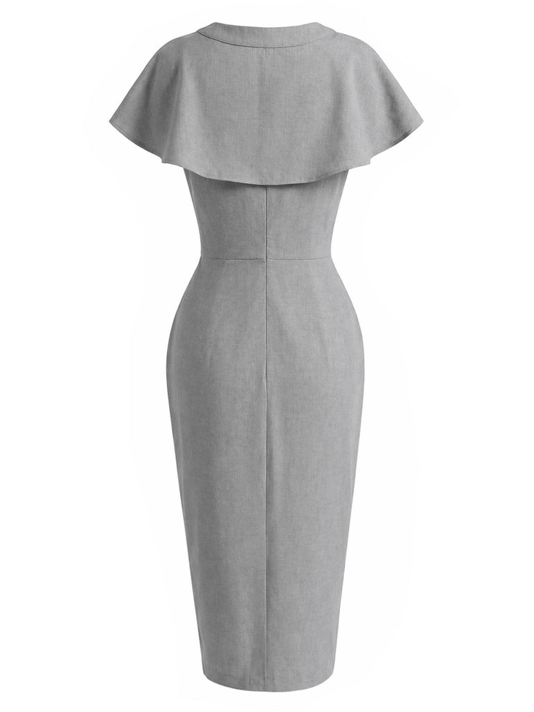[Prevendita] 2PCS Abito Grigio Chiaro Anni '60 Gray a Vita Alta a Matita e con Fiocco Cape 4