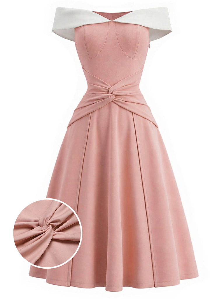 [Prevendita] Abito Svasato Rosa con Spalle Scoperte e Fiocco in Vita Anni '50