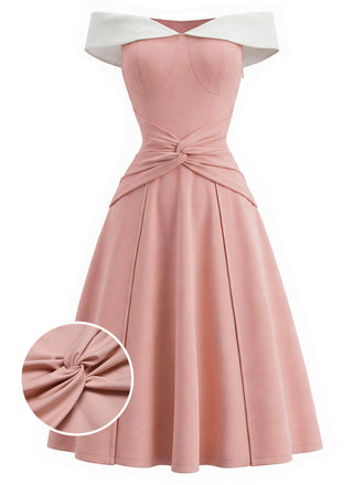 [Prevendita] Abito Svasato Rosa con Spalle Scoperte e Fiocco in Vita Anni '50