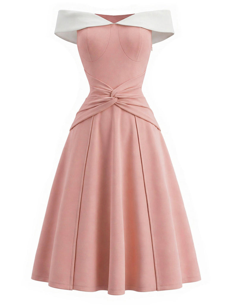 [Prevendita] Abito Svasato Rosa con Spalle Scoperte e Fiocco in Vita Anni '50 2